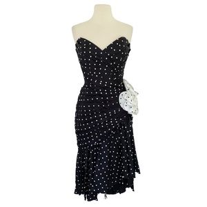 Vintage Tadashi Polka Dot Strapless Rosette Black Dress 8